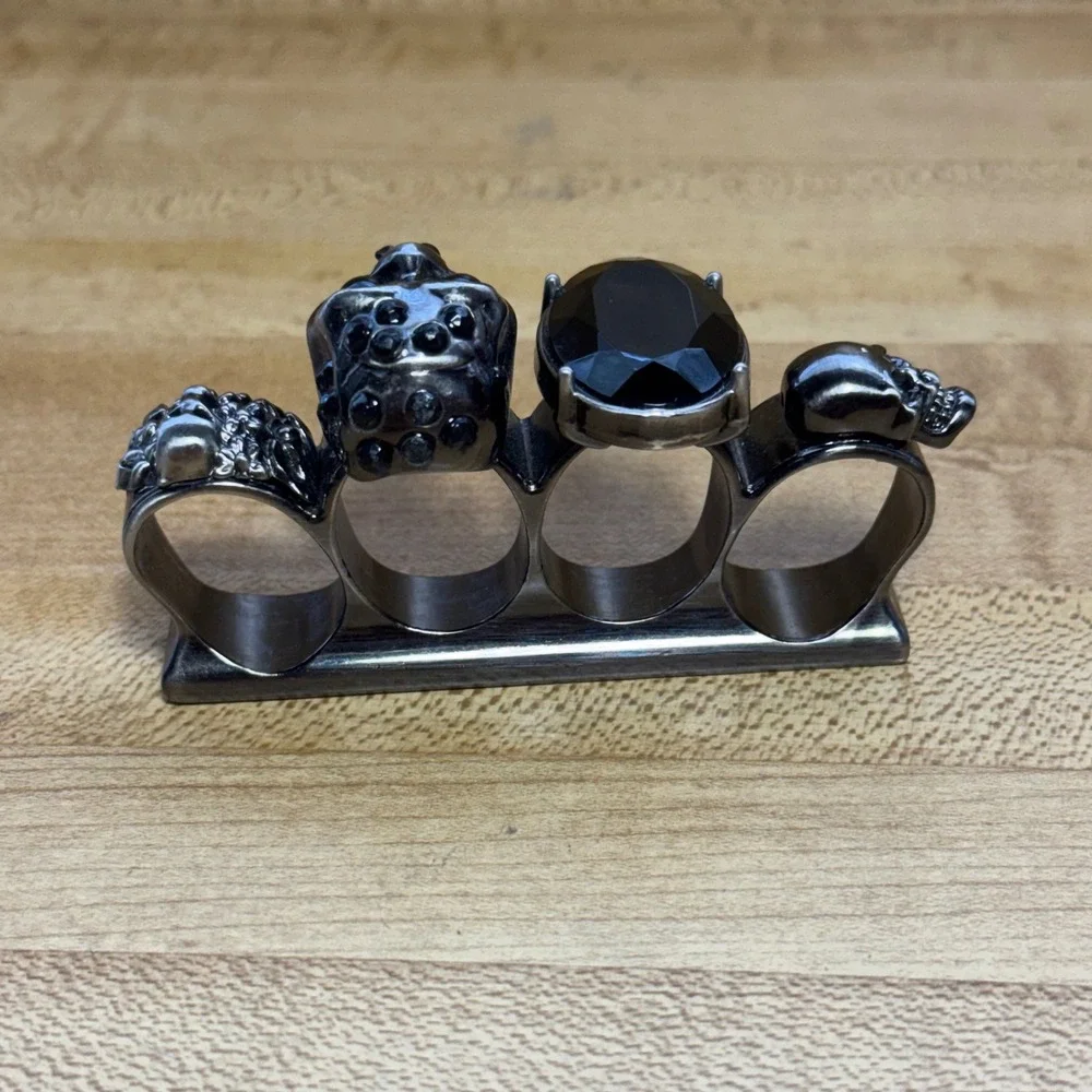 Black Skull Four Finger Knuckle Ring Gunmetal Gothic Punk Statement Jewelry